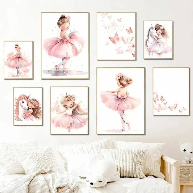 Baby Nursery Girl - Affiche de ballerine rose, licorne, papillon,