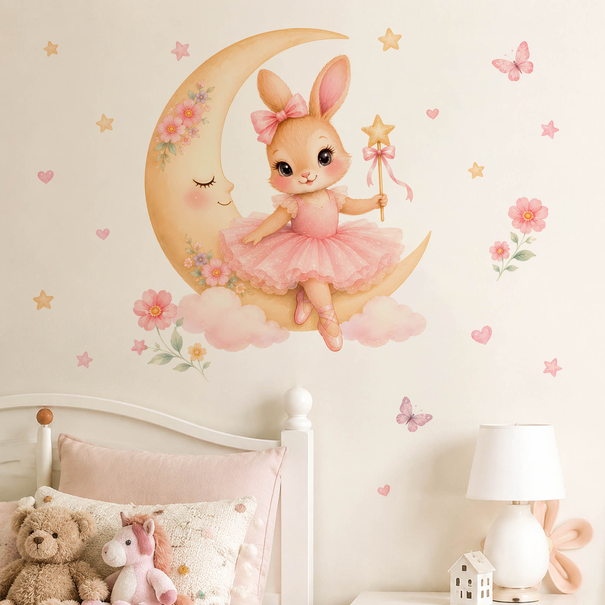 Baby Nursery Girl Room - Autocollants muraux lapin ballerine aquarelle rose