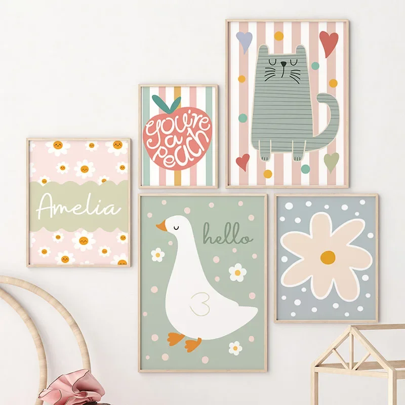 Baby Nursery Prints - Dessin animé chat canard oiseau pomme