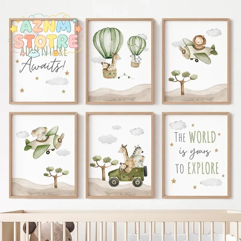 Baby Nursery Prints - Affiches d'animaux en forme de montgolfière,