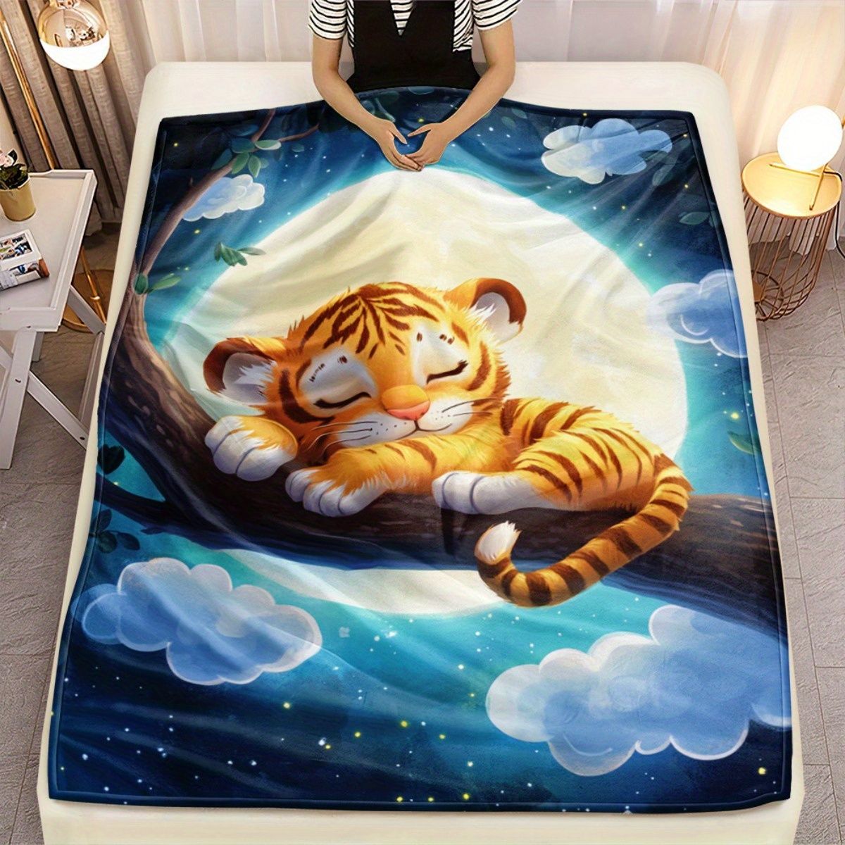 Baby Nursery Tree - Couverture en flanelle, tigre endormi mignon